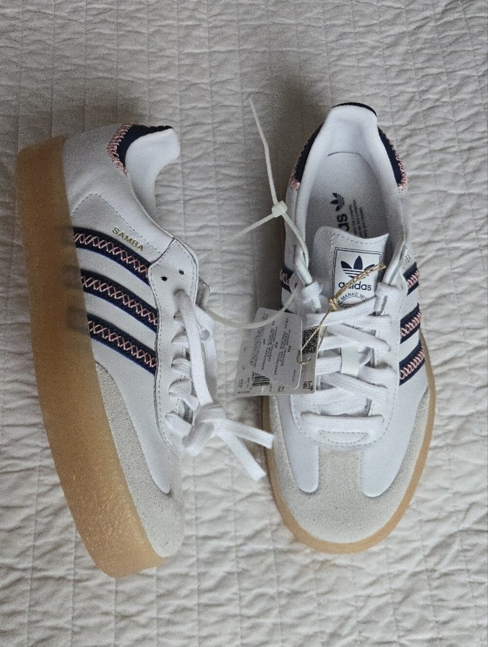 Adidas Samba Sambae Women 7.5 White Navy Bkue Stitch Leather Suede 0926